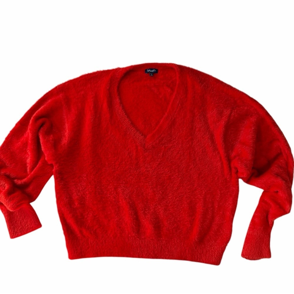 ✅ Splendid Bright Red with orange undertone V-Neck fuzzy soft Sweater size M